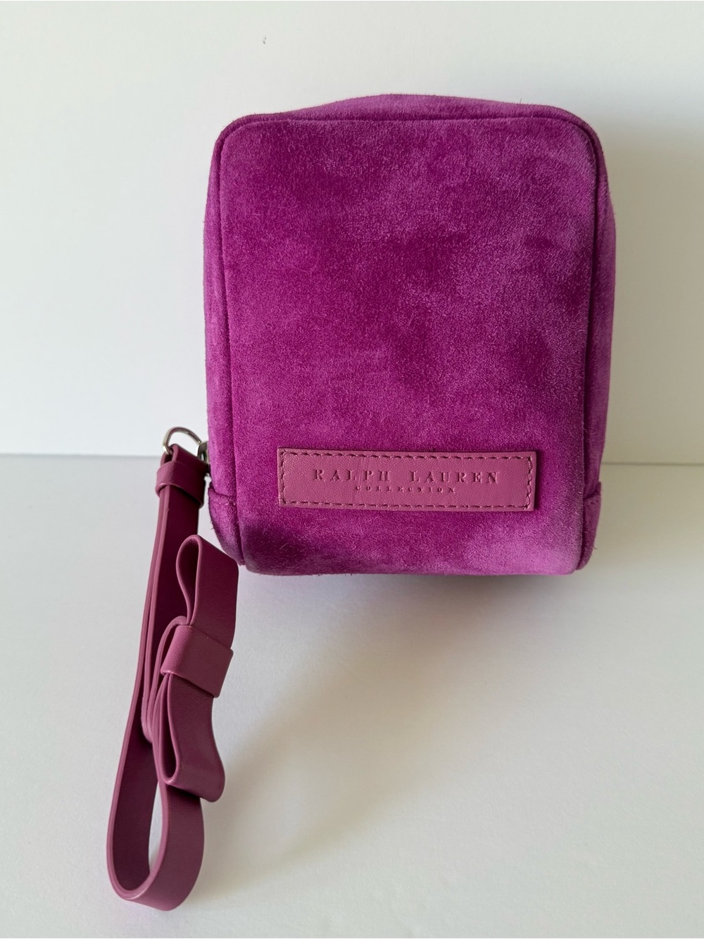 Vintage Ralph Lauren Collection Fuchsia Suede Leather Bow Wristlet Mini Bag EUC